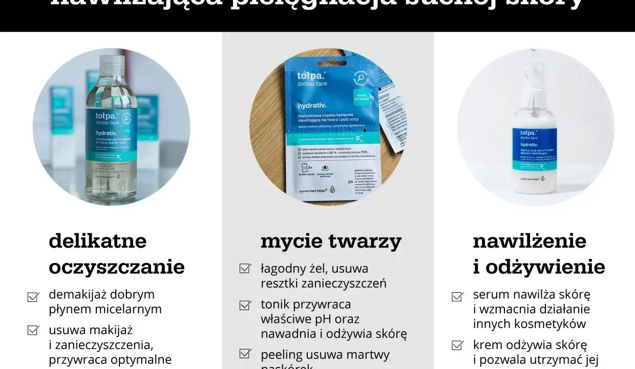 Pielęgnacja nawilżająca dla skóry suchej: płyn micelarny, maska-kompres i serum. Pomaga zwalczyć przesuszona skóra twarzy.