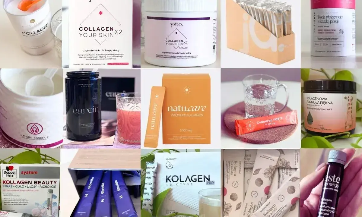 Różnorodne produkty z hydrolizowanym kolagenem: proszki, saszetki, shoty. Dla urody, skóry, włosów i paznokci.