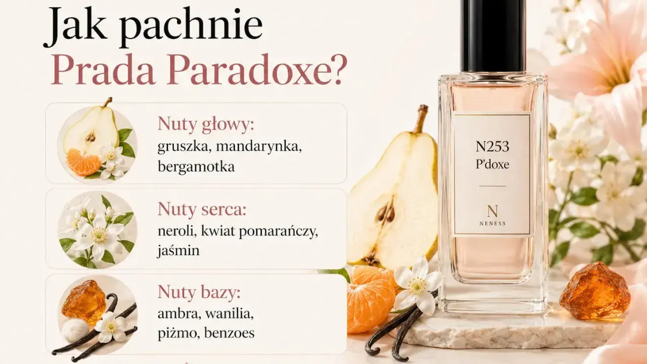 N253 P'doxe – zamiennik Prada Paradoxe. Nuty głowy: gruszka, mandarynka, bergamotka. Serca: neroli, kwiat pomarańczy, jaśmin. Bazy: ambra, wanilia, piżmo, benzoes.