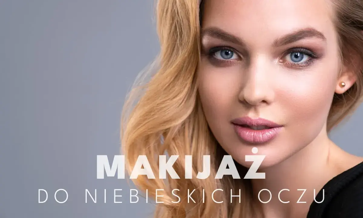 Delikatny makijaż oczu niebieskich podkreśla ich głębię. Blond włosy i różowe usta dopełniają całość.