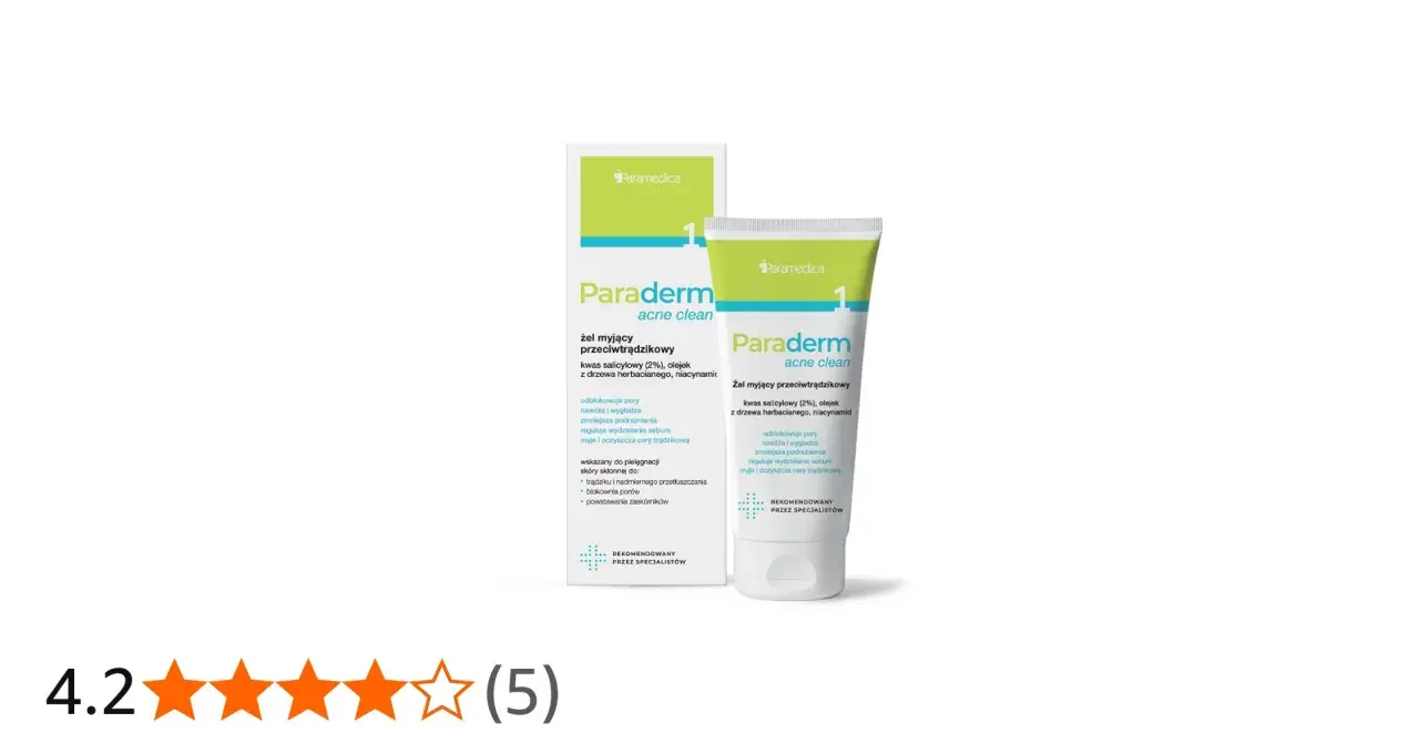 Żel myjący Paraderm acne clean z kwasem salicylowym, olejkiem z drzewa herbacianego i niacynamidem. Rekomendowany przez specjalistów.