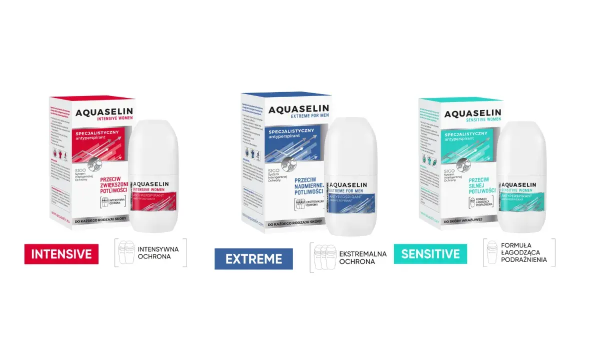 Linia Aquaselin: antyperspiranty dla kobiet i mężczyzn w wersjach Intensive, Extreme i Sensitive.