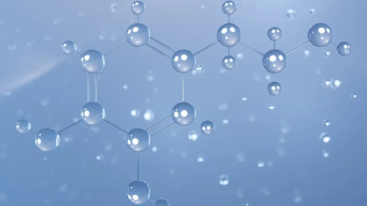 Struktura cząsteczki, przypominająca sieć połączonych kulek, symbolizuje składniki kosmetyków, np. cetearyl alcohol, w wodnym środowisku.