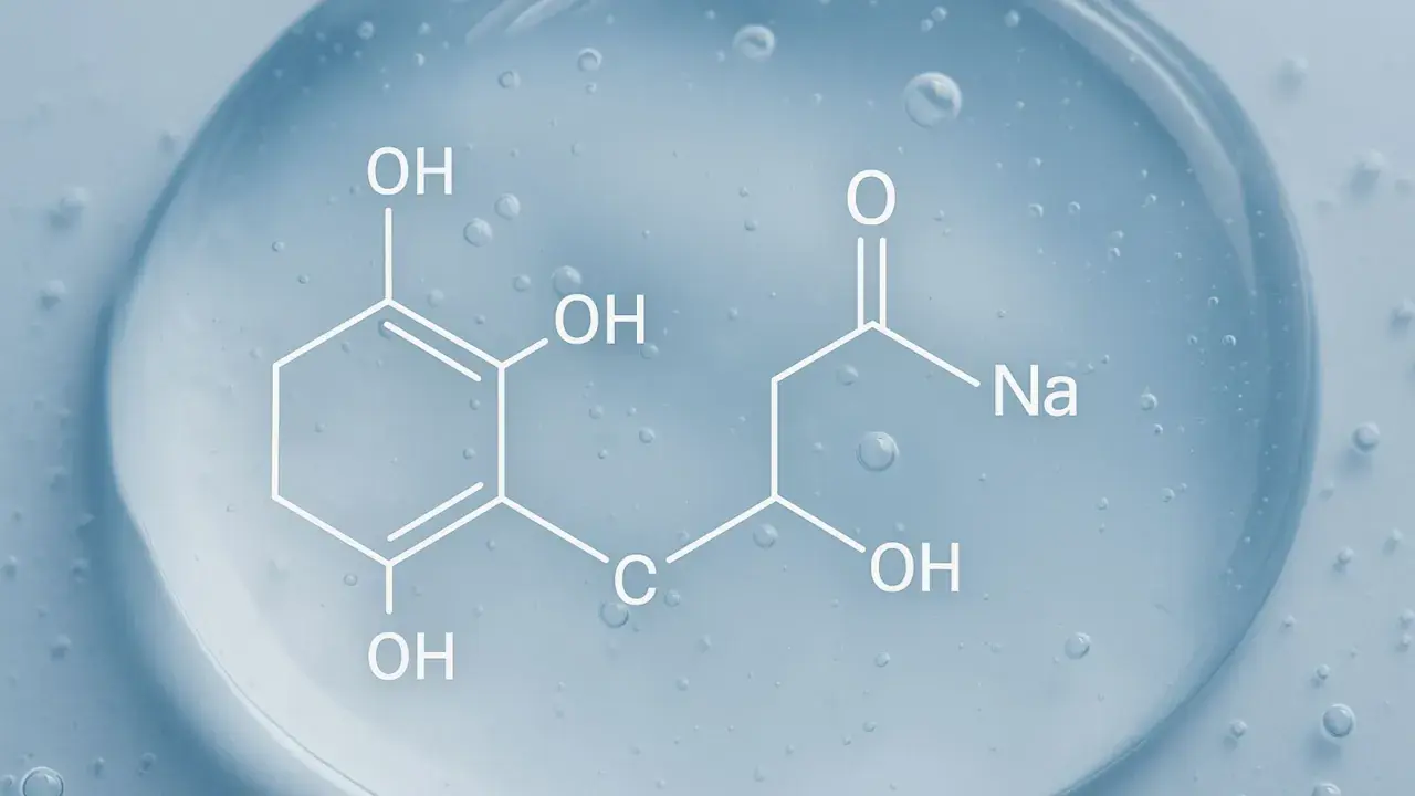 Struktura chemiczna hialuronianu sodu na niebieskim tle z pęcherzykami powietrza.