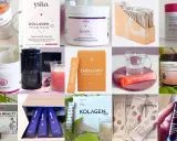 Kolaż zdjęć różnych produktów z kolagenem w proszku, saszetkach i płynach.