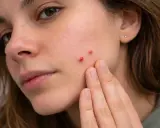 Zbliżenie na twarz kobiety z kilkoma czerwonymi pryszczami na policzku, dotykana palcami.