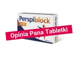 Opakowanie suplementu diety Perspiblock forte, który jest blokerem potu. Widoczna czerwona wstęga z napisem "Opinia Pana Tabletki".