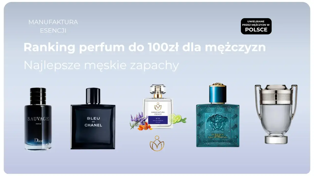 Ranking perfum męskich do 100 zł. Prezentacja flakonów Dior Sauvage, Chanel Bleu, Manufaktura Esencji, Versace Eros i Invictus.