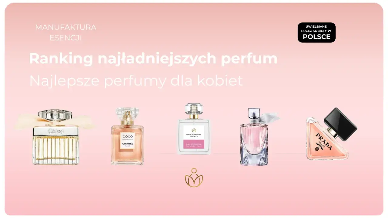 Ranking najładniejszych perfum damskich: Chloe, Chanel Coco Mademoiselle, Manufaktura Esencji, Lancôme La Vie Est Belle i Prada Candy.