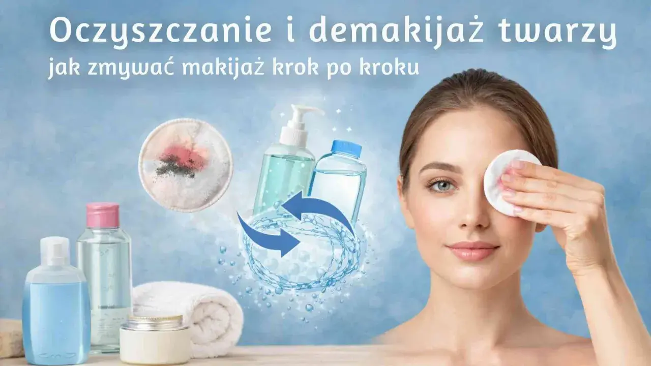 Krok po kroku demakijaż twarzy. Kobieta z wacikiem przy oku, obok kosmetyki i płatki kosmetyczne.
