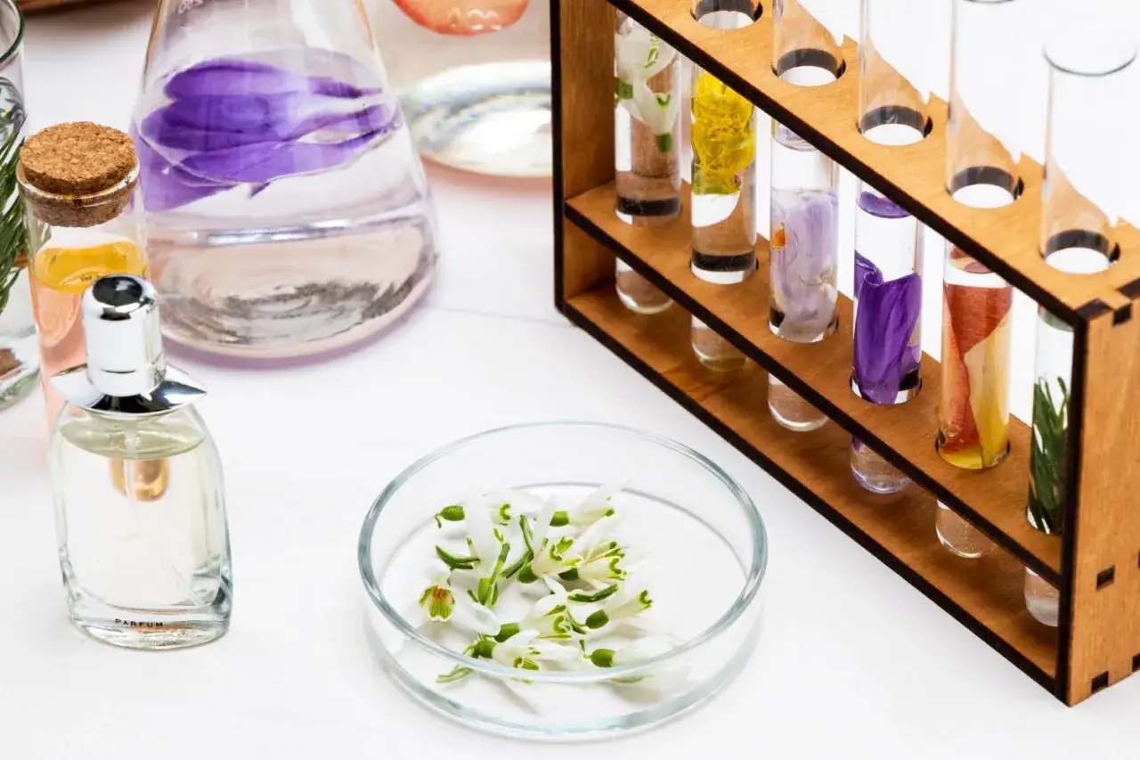 Eksperymenty z zapachami: kwiaty w probówkach i perfumy, być może z nutą hexyl cinnamal.