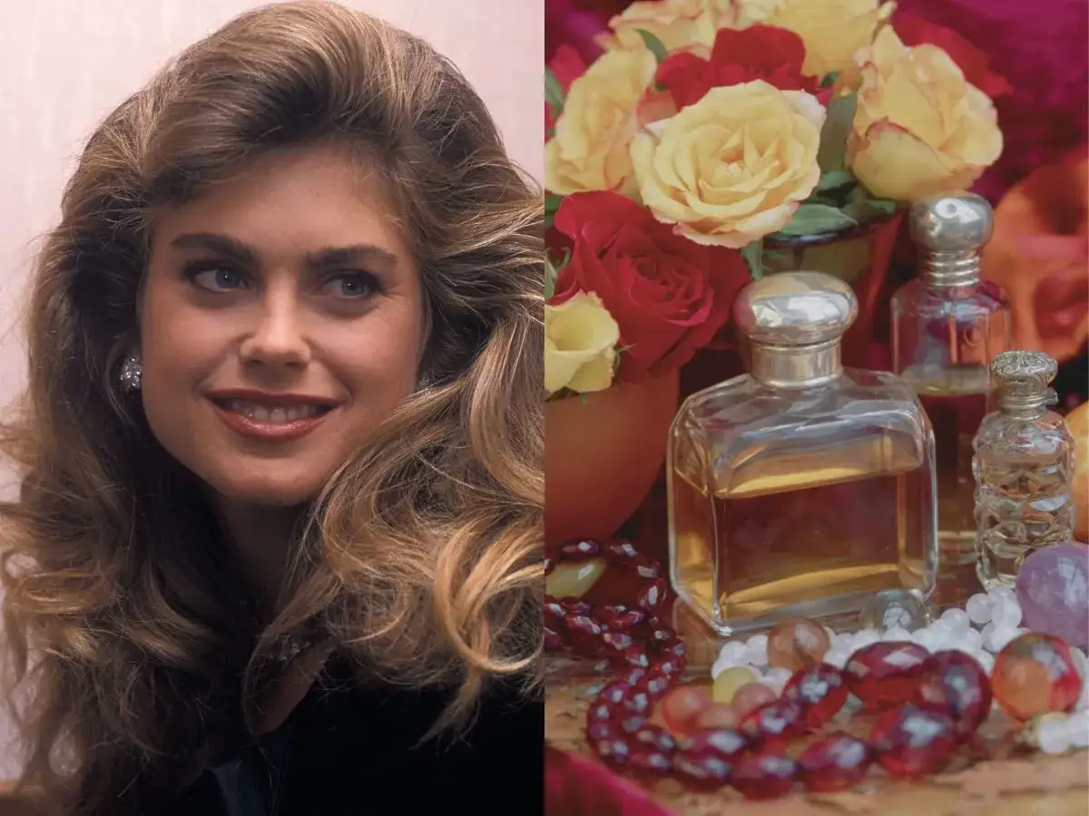 Kobieta z burzą blond włosów i bukiet róż obok flakonów z dawne perfumy z Pewexu.