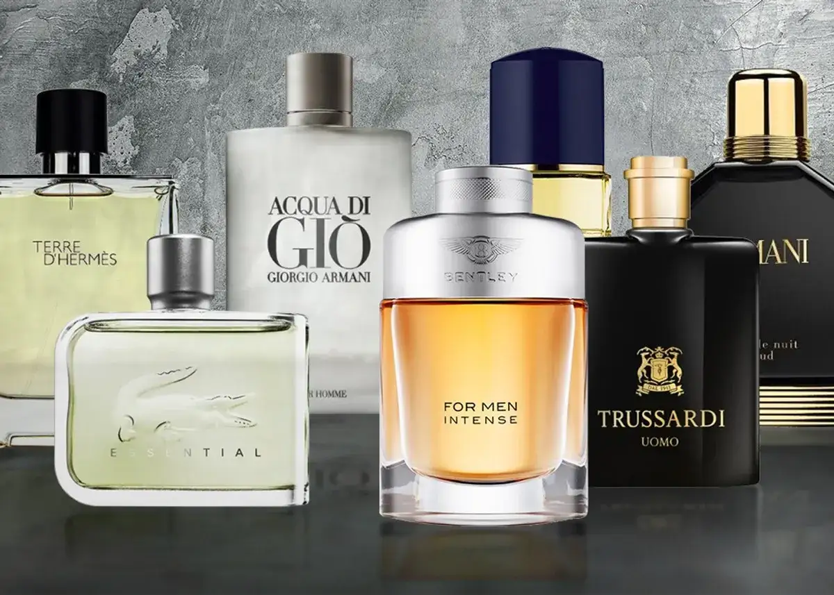 Ranking perfum męskich: Bentley, Trussardi, Armani Acqua di Gio, Terre d'Hermès i Lacoste Essential.