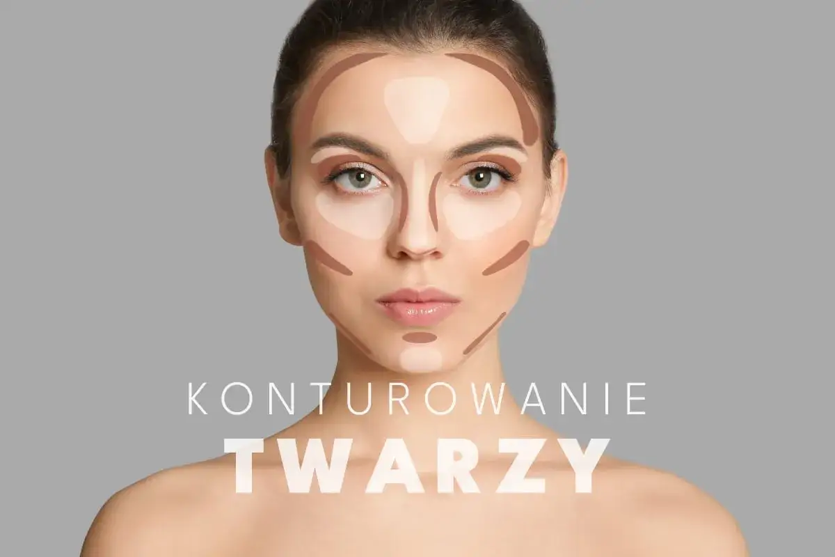 Modelka prezentuje techniki konturowania twarzy, które pomagają ją wyszczuplić. Ciemne i jasne kosmetyki tworzą cień i światło, modelując rysy.