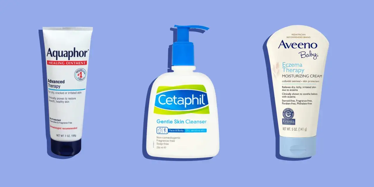 Produkty do pielęgnacji skóry z problemem egzemy na twarzy: Aquaphor, Cetaphil i Aveeno Baby.