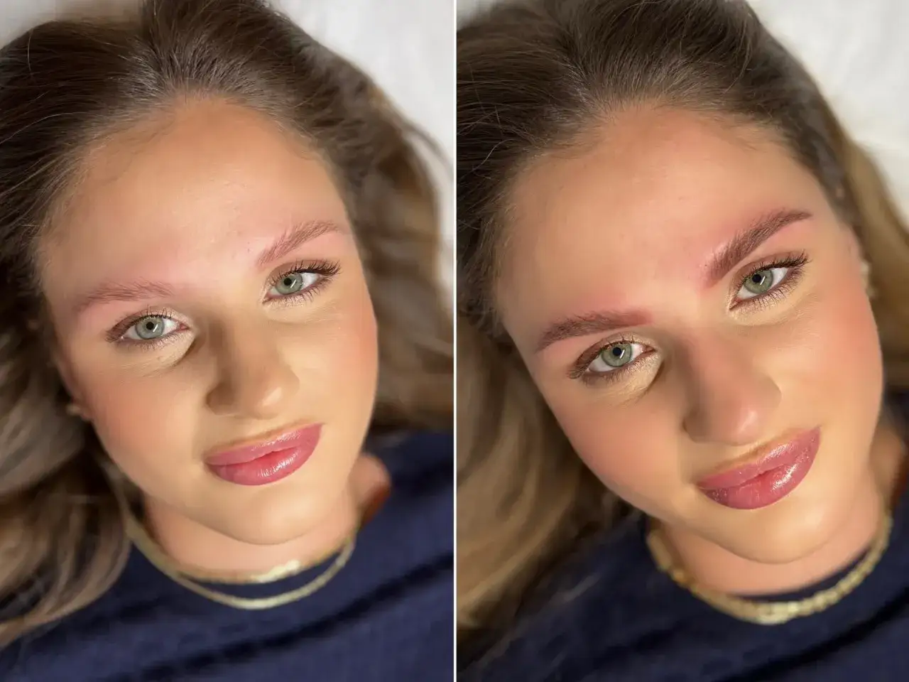 Przed i po: subtelne brwi permanentne ombre nadające naturalny efekt.