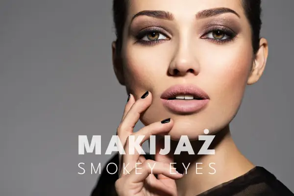 Kobieta z perfekcyjnym makijażem smokey eyes, podkreślonymi brązami i czernią. Usta w cielistym kolorze, dłonie z czarnym lakierem.