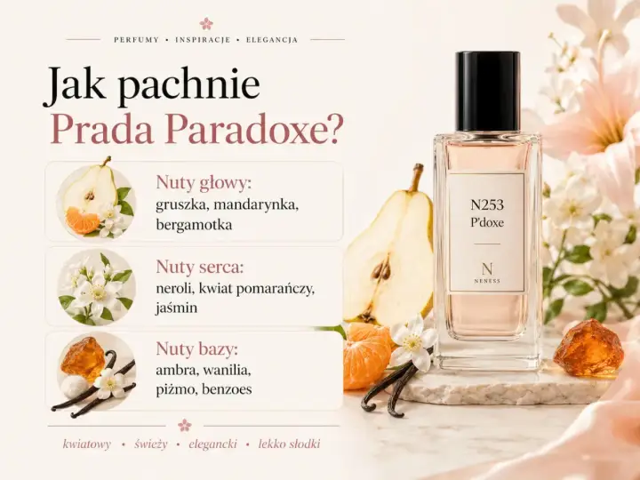 N253 P'doxe – zamiennik Prada Paradoxe. Nuty głowy: gruszka, mandarynka, bergamotka. Serca: neroli, kwiat pomarańczy, jaśmin. Bazy: ambra, wanilia, piżmo, benzoes.